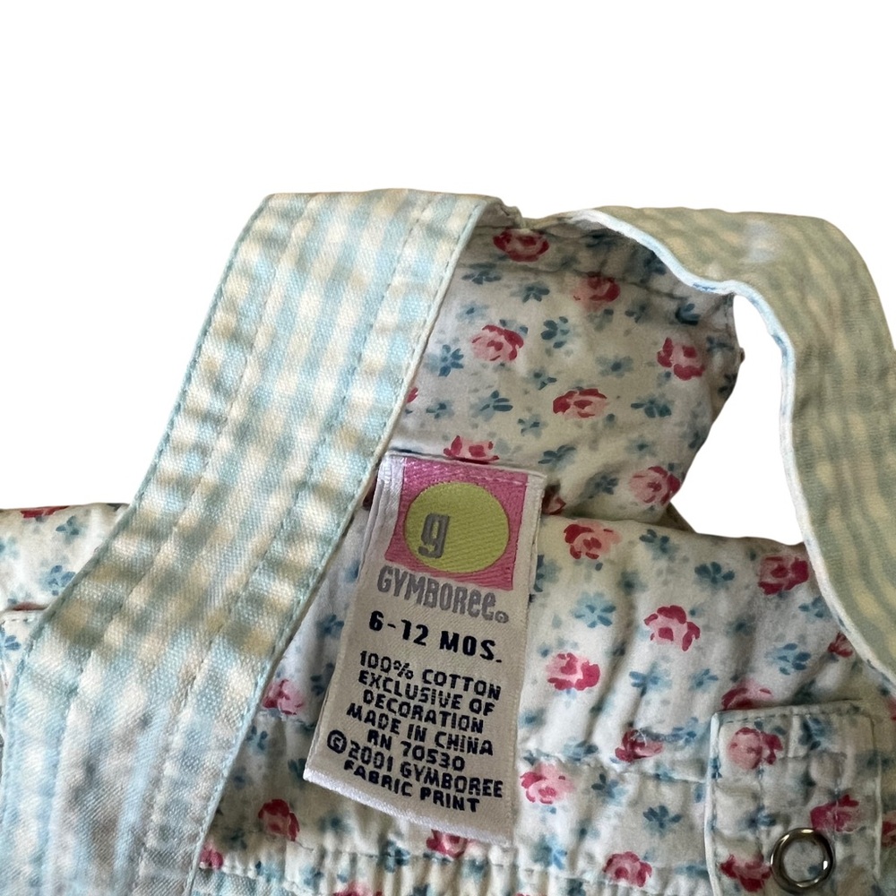 Gymboree Aqua Gingham Pink Floral overalls with Matching Sun Hat Size 6-9mths - Picture 5 of 6